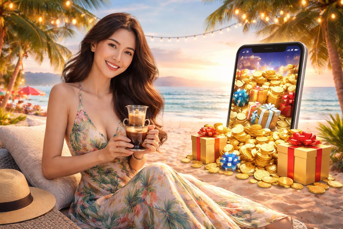 Người dùng tại Vũng Tàu thư giãn bên bờ biển và kiểm tra tài khoản casino trên điện thoại